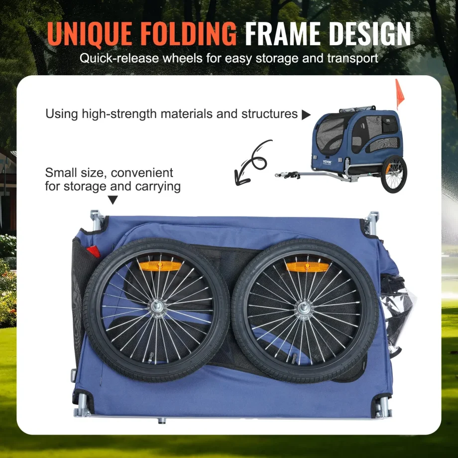 VEVOR Dog Bike Trailer, Supports up to 100 lbs, Pet Cart Bicycle Carrier, Easy Folding Frame with Quick Release Wheels, Universal Bicycle Coupler, Reflectors, Flag, Collapsible to Store, Blue/Black